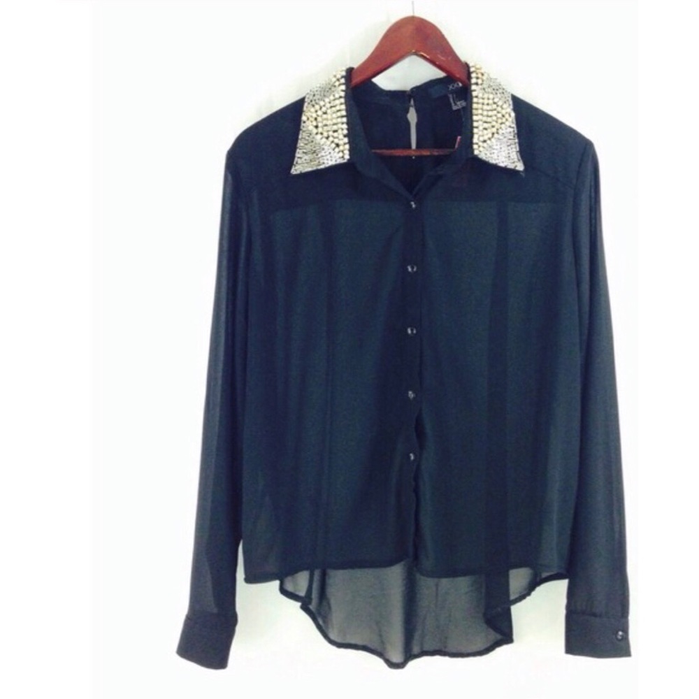 [XXI] sheer black embellished collar top #A04